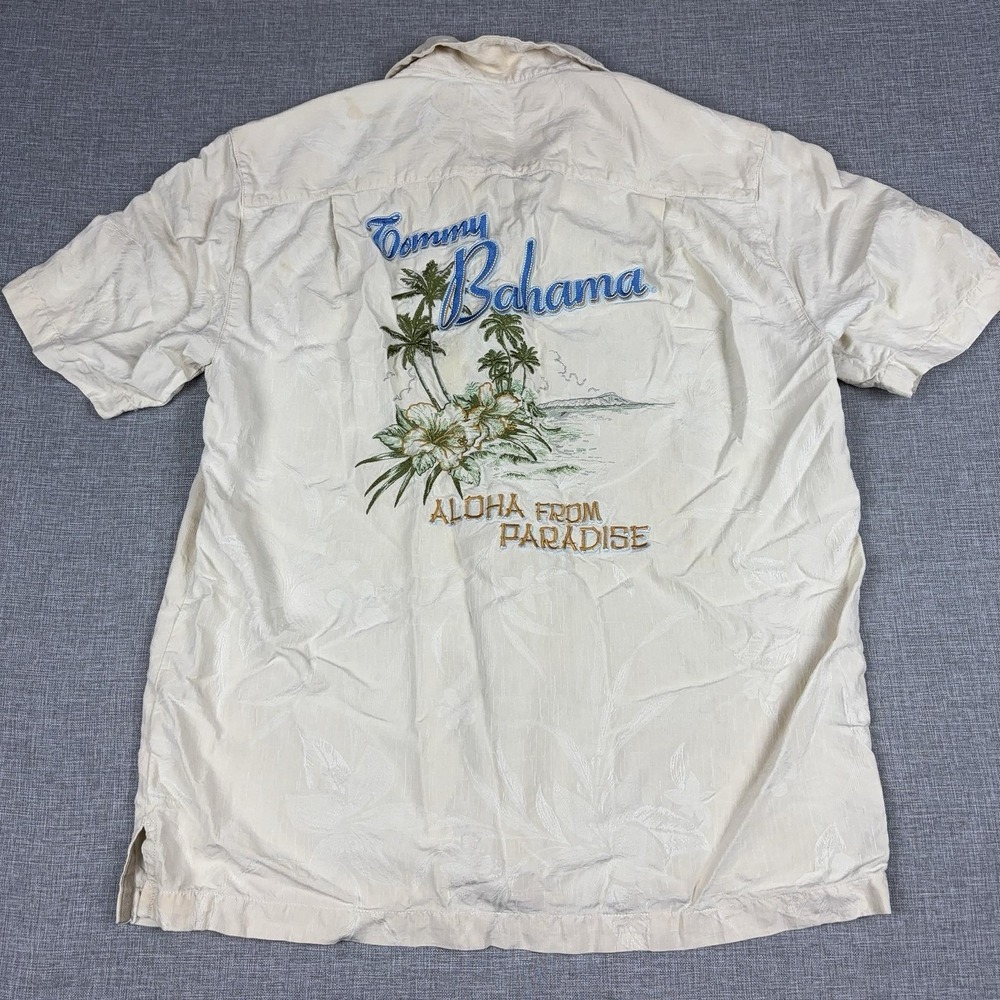 Tommy Bahama Shirt Mens Medium White Short Sleeve Button Up Silk Embroidered